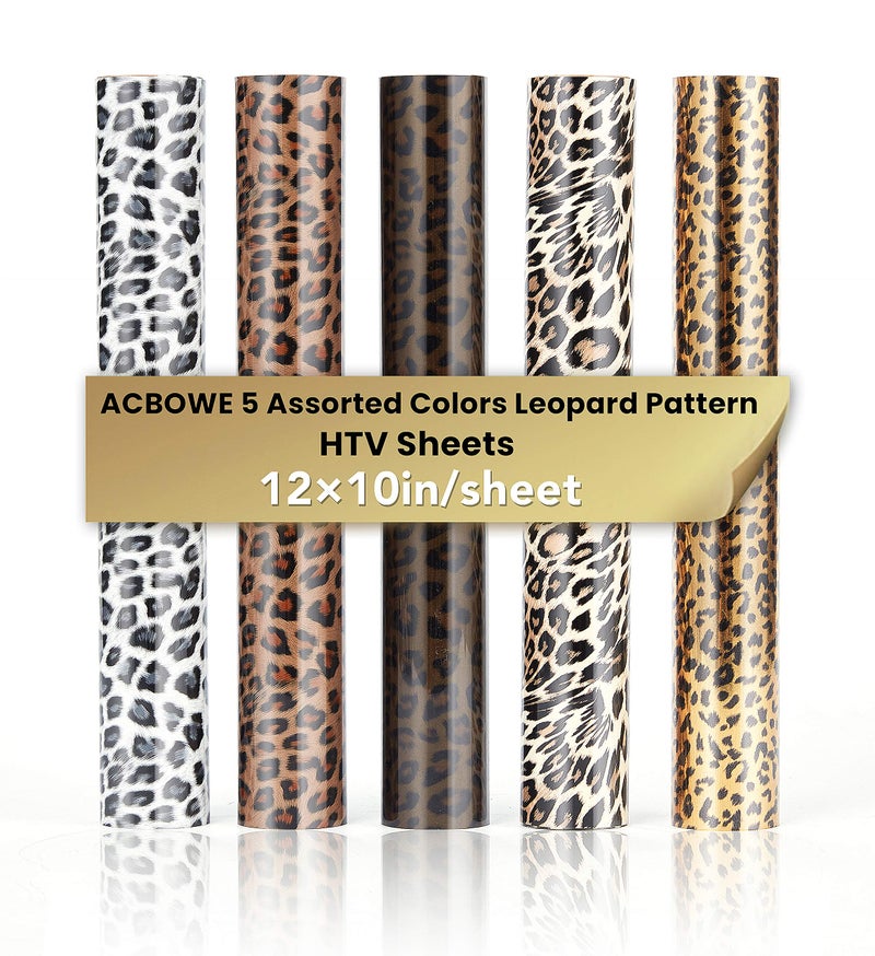 ACBOWE 5pcs/Set Leopard Patterned Heat Transfer Vinyl, Stretchable 12" x 10" Cheetah Print HTV Vinyl Sheets for T-Shirt Decoration and DIY Craft Material - Image 1
